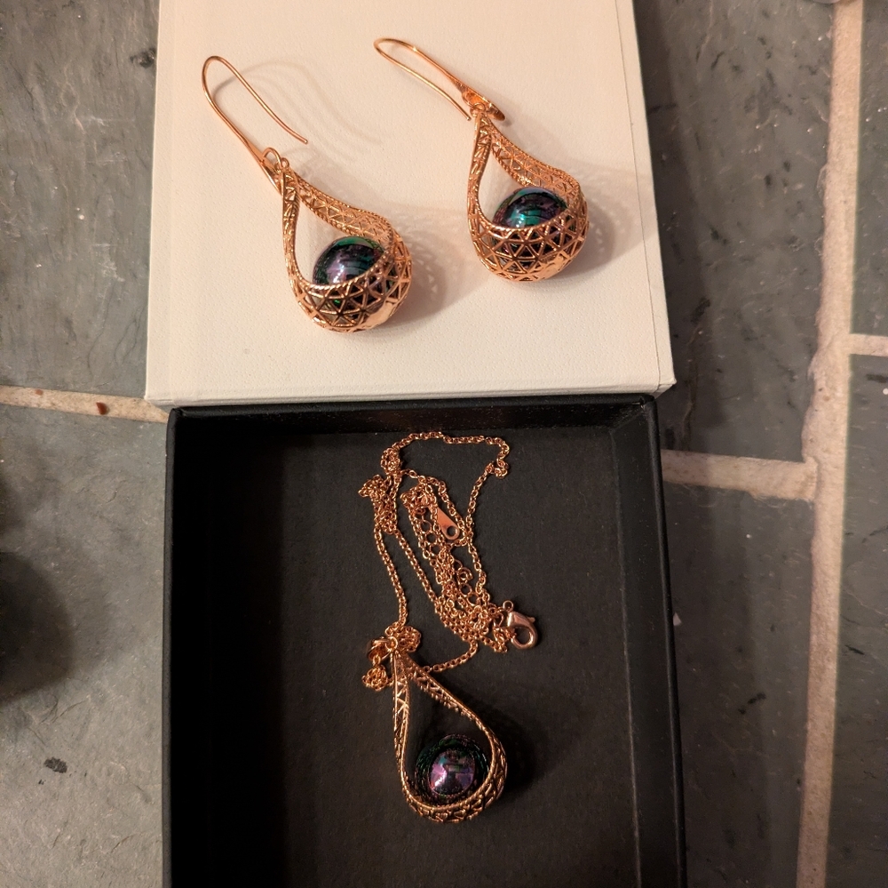 NWOT Elegant Rose Gold and Black Shell Pearl Jewelry Set